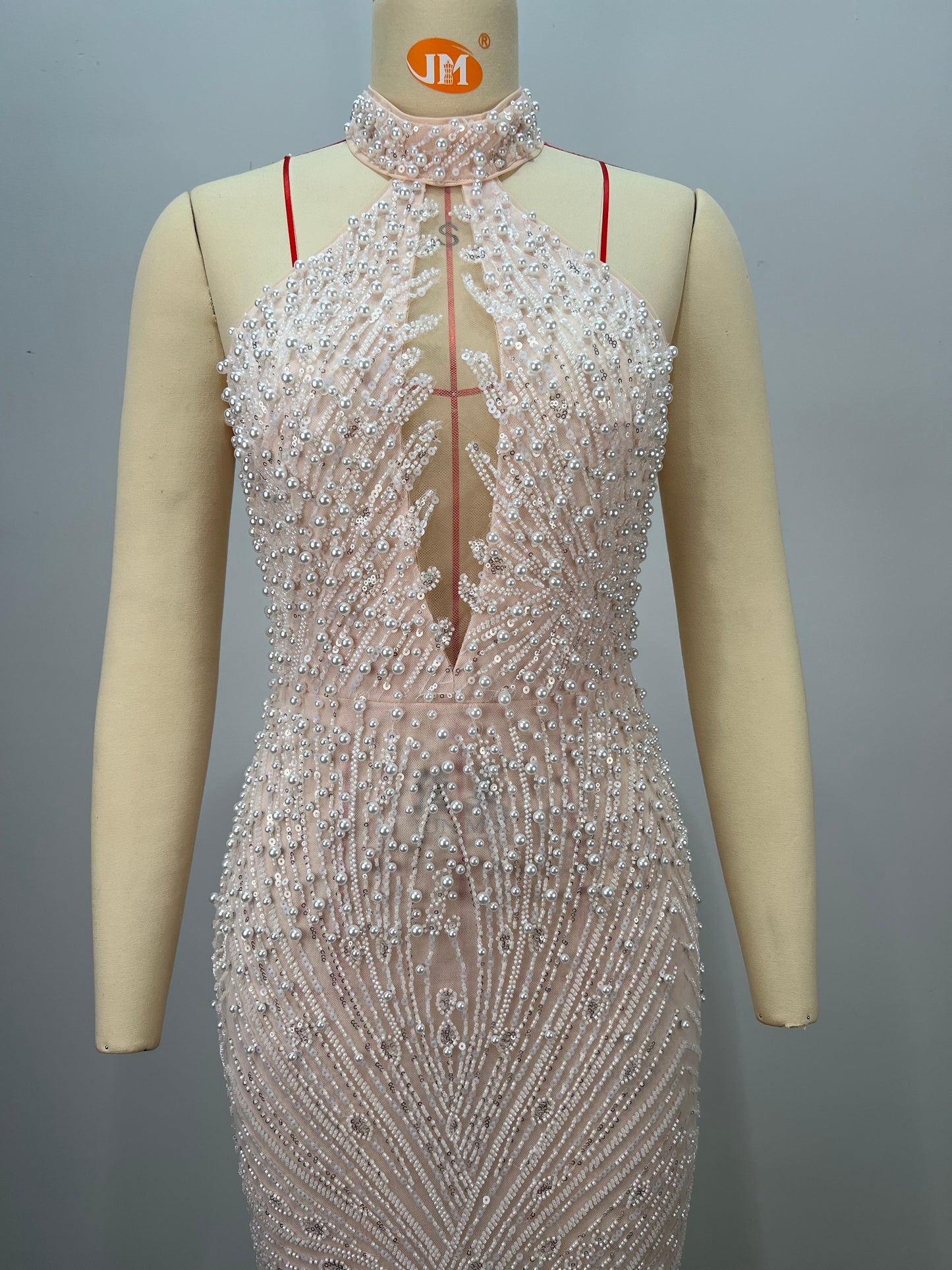 Pearls Diamonds Embellished Gown High Halter Neck Bare Shoulder Empire Waist dress