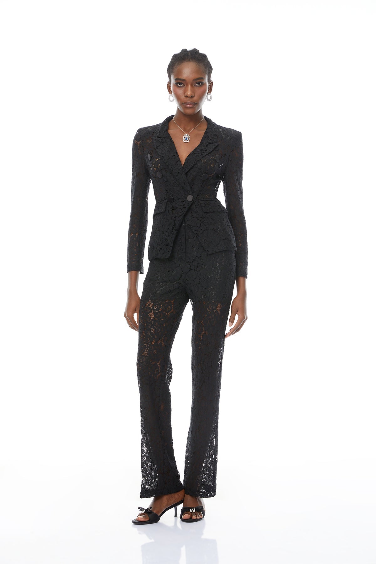 Black Sheer Lace Blazer & Trousers Matching Set