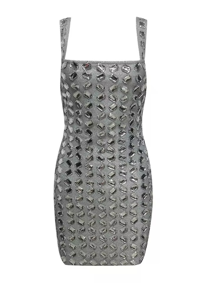 Crystal Diamonds Spaghetti Strap Square Neck Mini Bodycon dress
