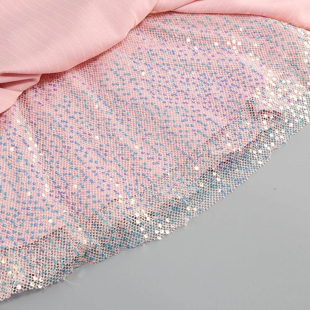 Pink Stripe A-line Diamond Sequins Long sleeved Sexy Mini Dress - REBECATHELABEL