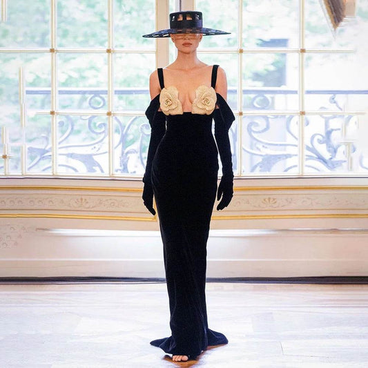 3D Flower High Tight Split Long Strap Dress - REBECATHELABEL