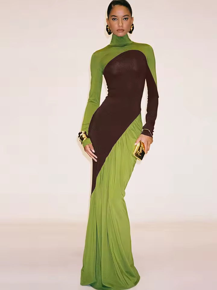 Contrast Color Long Sleeve High Neck Maxi Dress