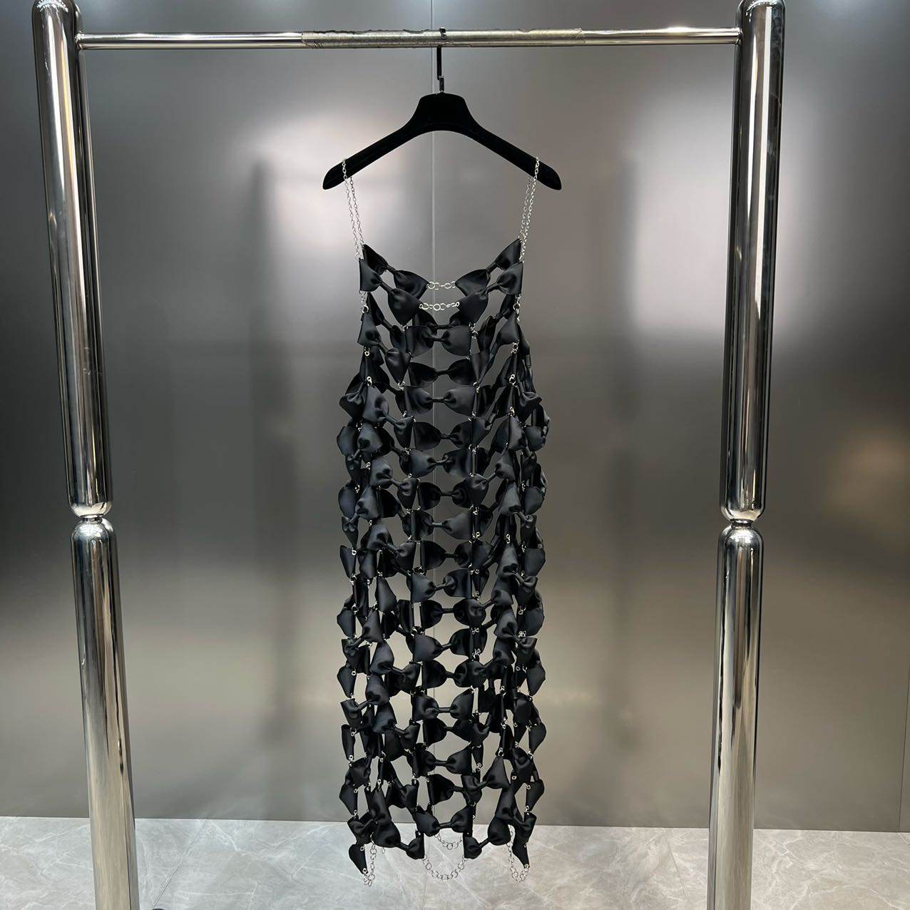 Chain Bow Spliced Hollow Out Dress - REBECATHELABEL