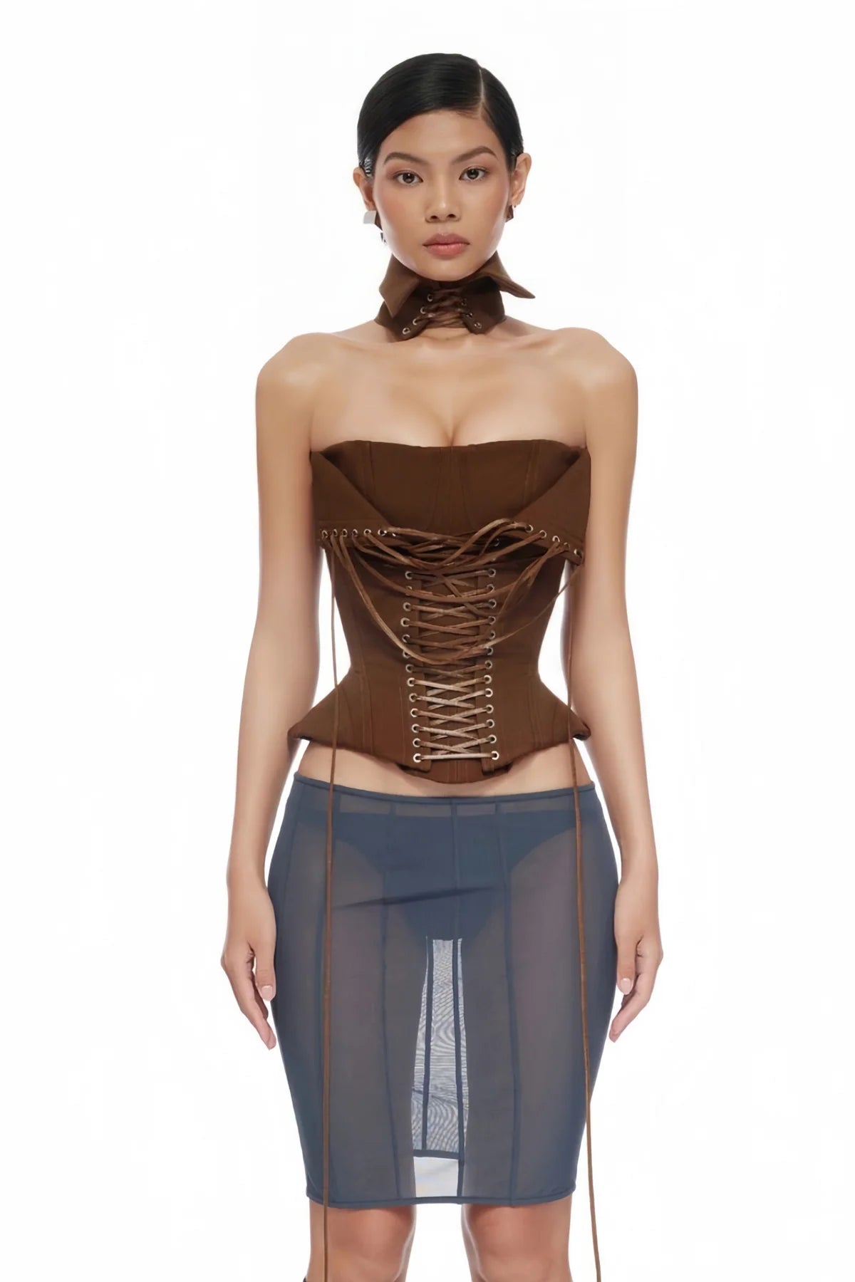 Brown Lace Up Corset Crop Top