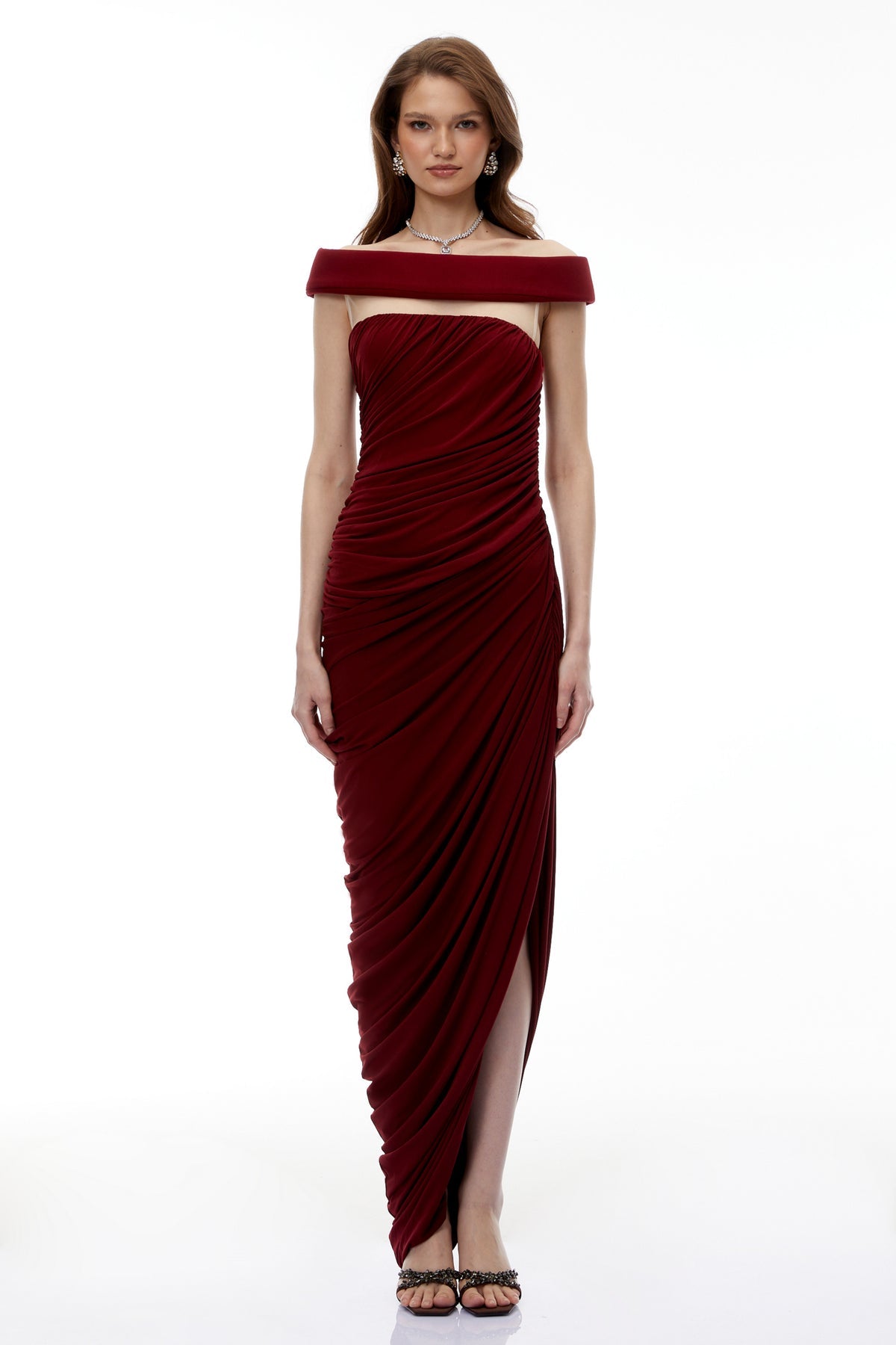 Red Off Shoulder Ruched Maxi Dress