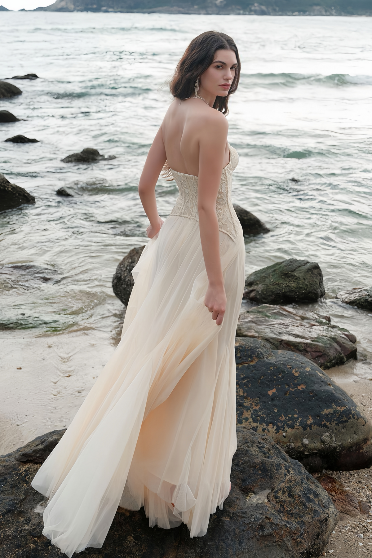 Beige Lace Corset Tulle Maxi Dress