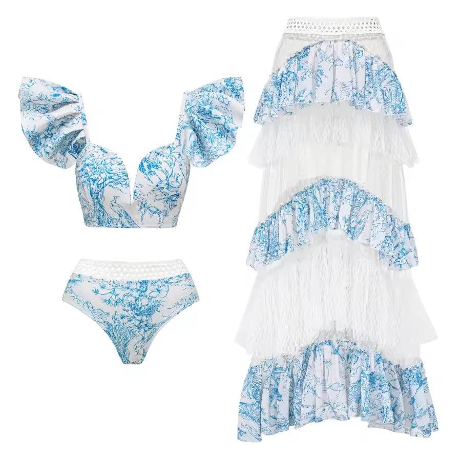 Ruy Print Net Yarn Splicing Bikini Swimsuit and Tiered Skirt