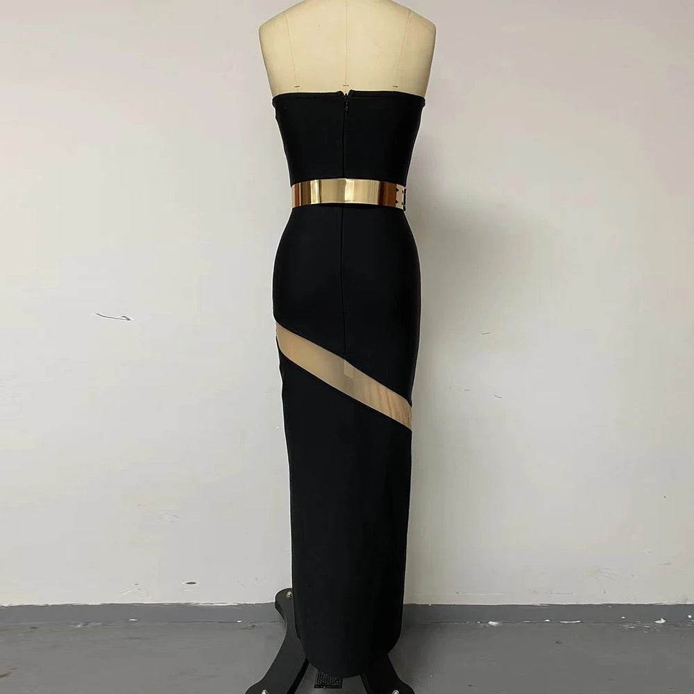 Strapless V-neck Mesh Spliced Gold Belt Long Bandage Dress - REBECATHELABEL