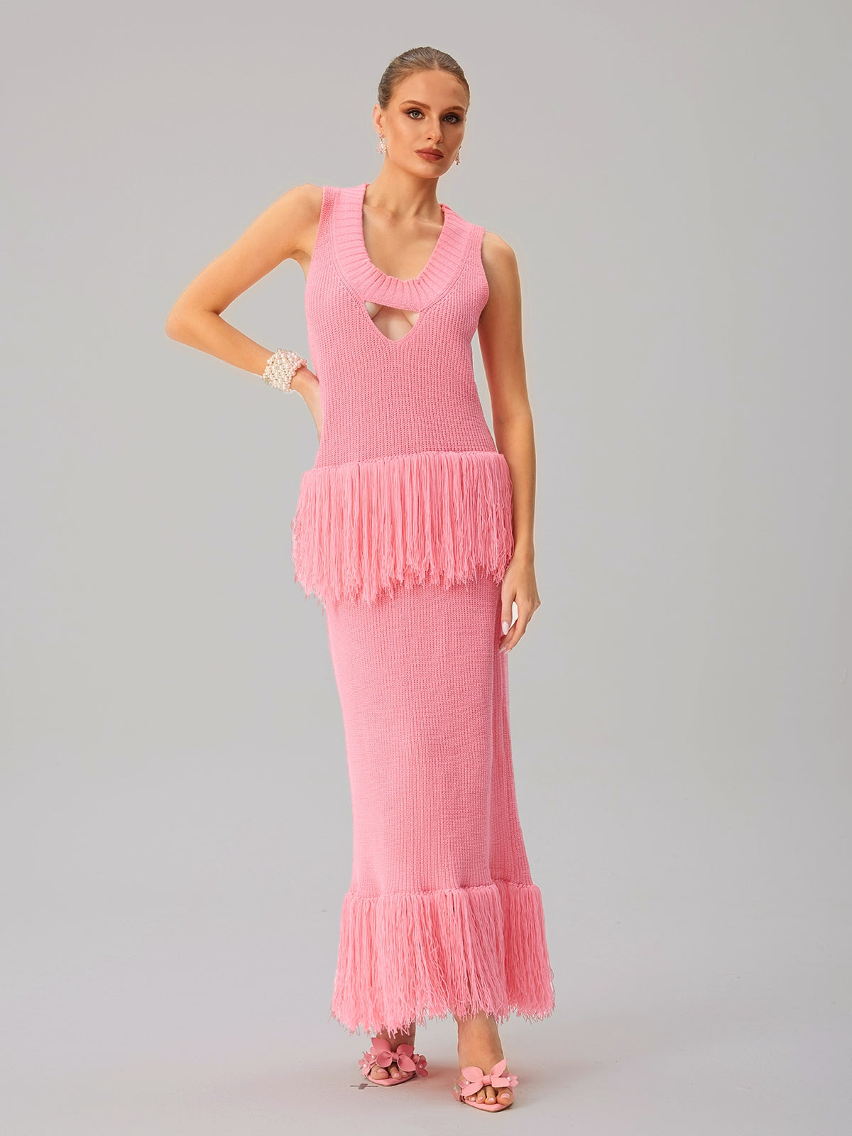 Sleeveless Fringe Knit Maxi Dress