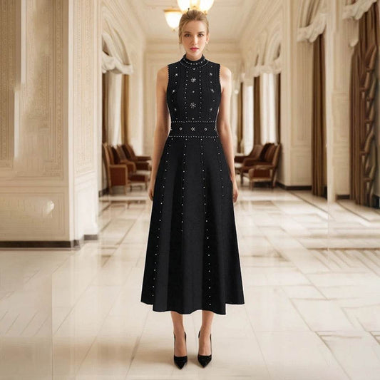 Black A-line Round Neck Sleeveless Beaded Knitted Elastic Midi dress - REBECATHELABEL