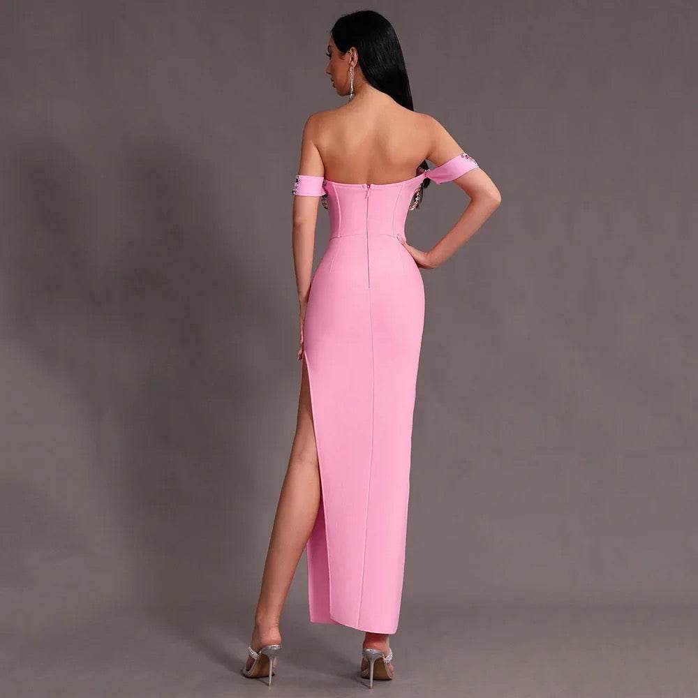 Pink Split Off Shoulder Diamond Long Bandage Ball Dress - REBECATHELABEL