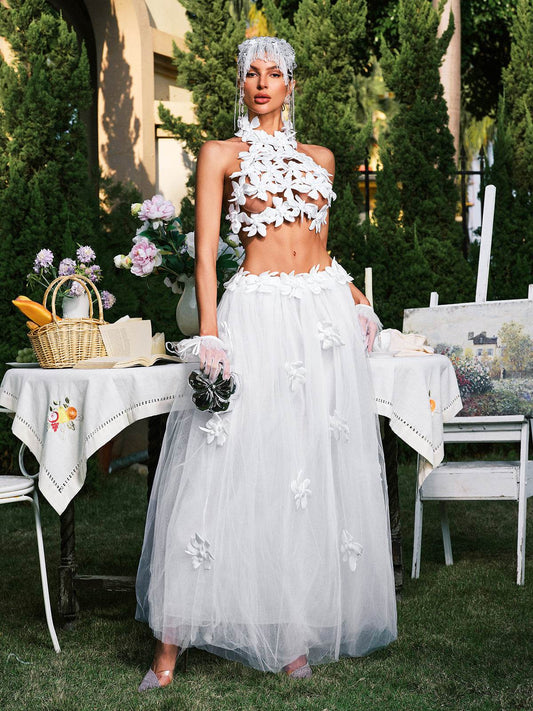 White Black 3D Flower Mesh Ball Gown 2-Piece Set - REBECATHELABEL