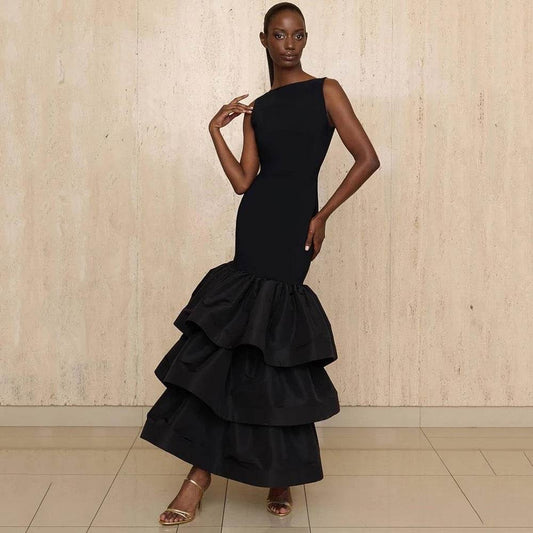 Round Neck Sexy Layered Ruffle Edge Mermaid Long dress - REBECATHELABEL