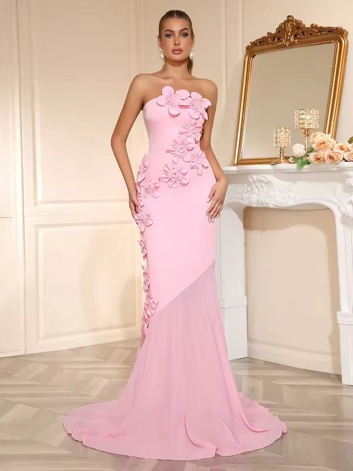 Strapless Patchwork Appliques Slim Fit Mermaid Dress