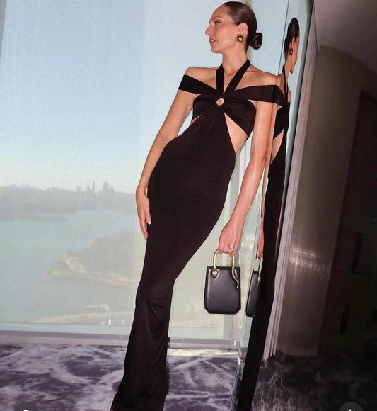 Backless Slinky Ring Details Hollow Bardot Maxi Dress - REBECATHELABEL