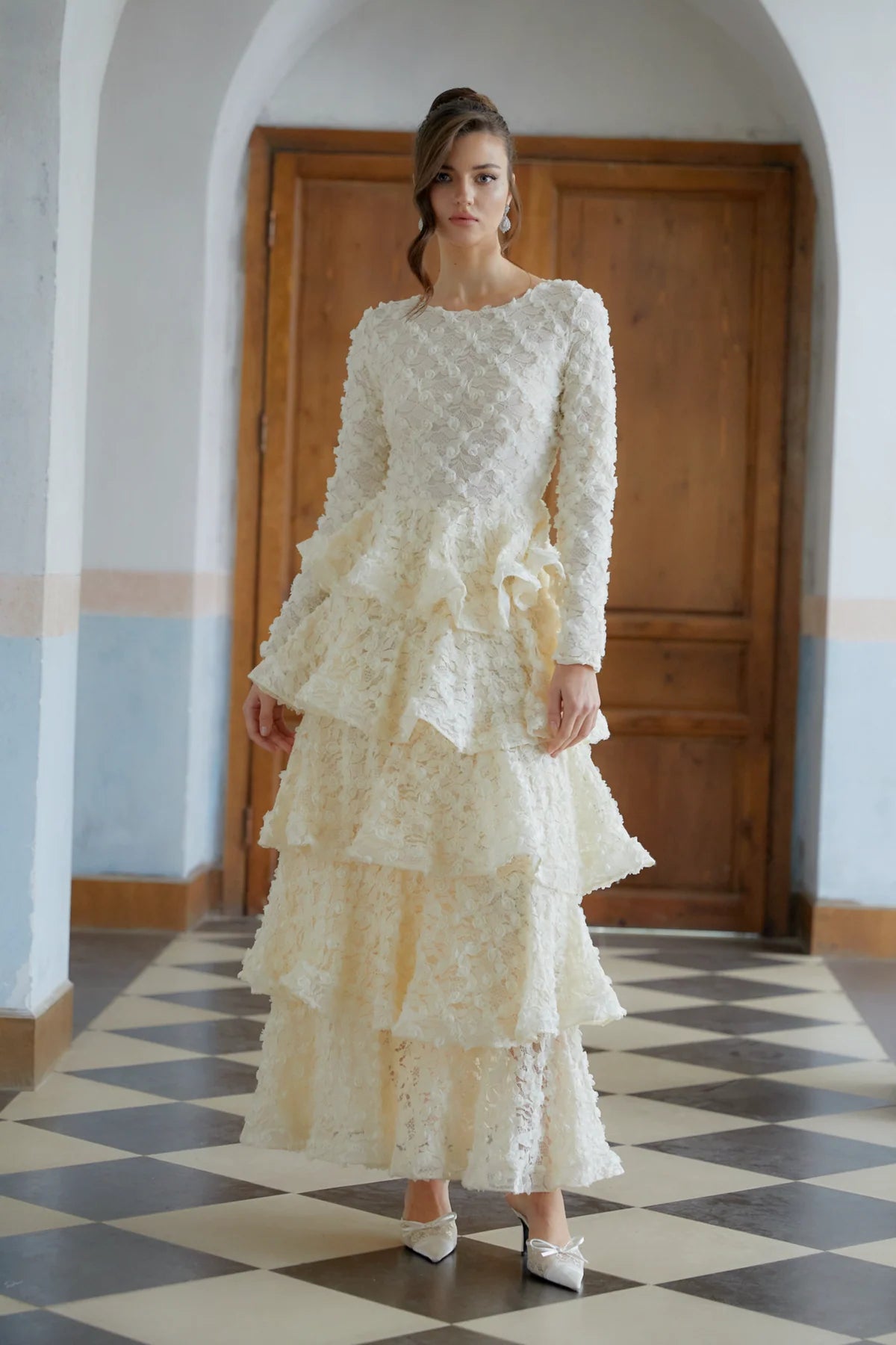 Neutral Tiered Floral Lace Maxi Dress