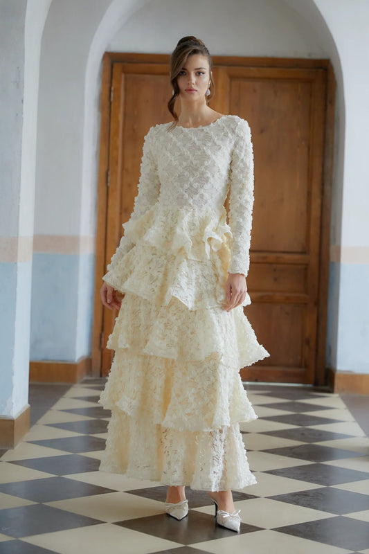 Neutral Tiered Floral Lace Maxi Dress
