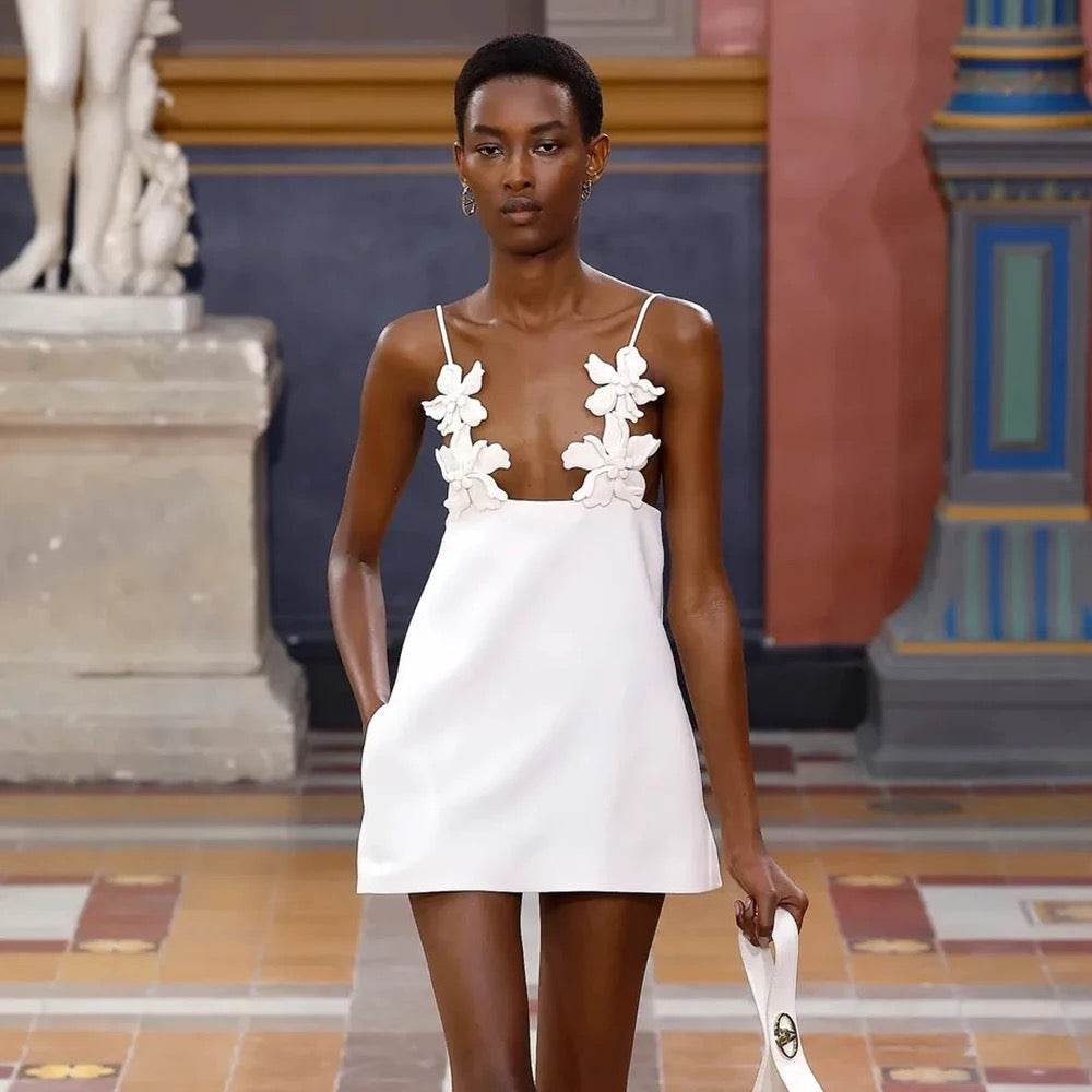 3D Flower Sexy V-neck Backless Sleeveless Tight Mini Dress - REBECATHELABEL