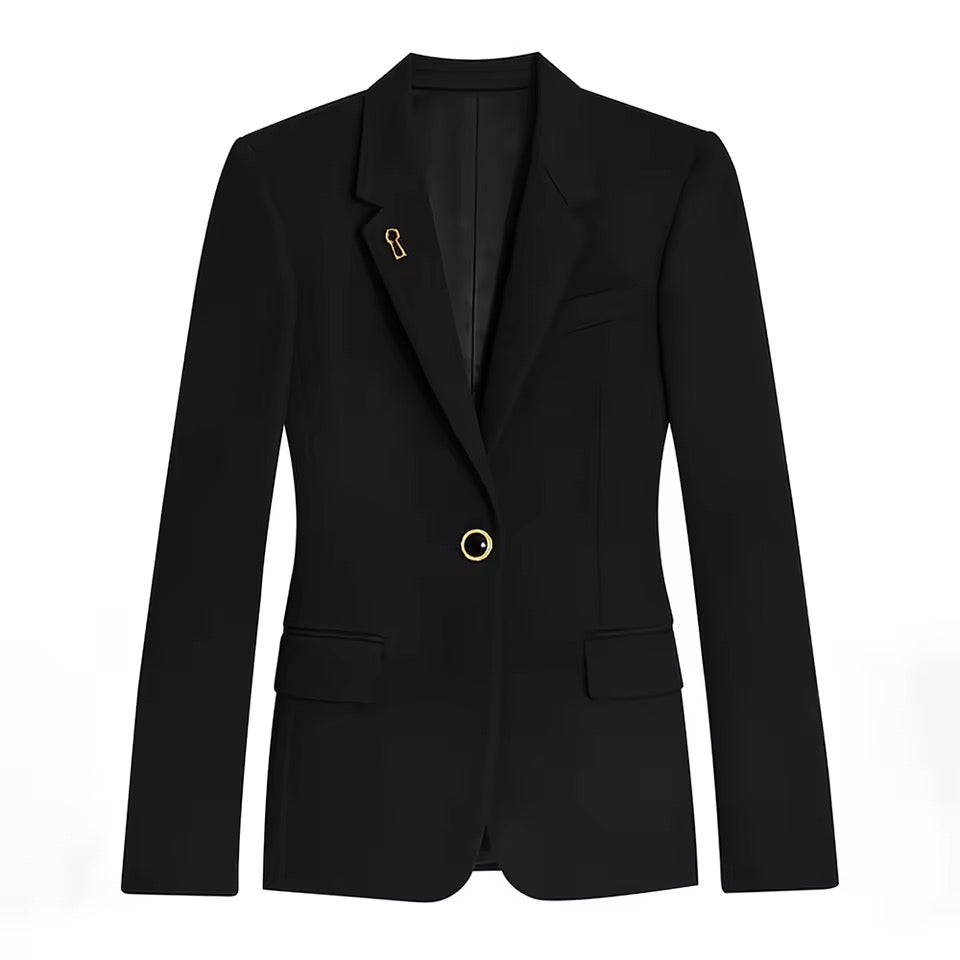 Black Spliced Button Jacket Female Lapel Long Sleeve Slimming Office blazer