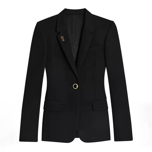 Black Spliced Button Jacket Female Lapel Long Sleeve Slimming Office blazer