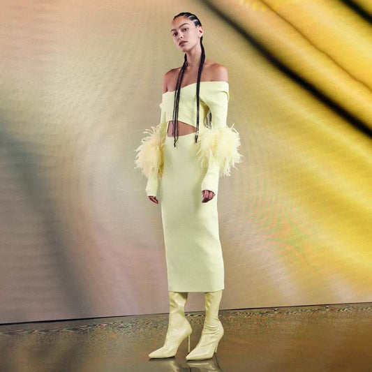 Off Shoulder Feather Bandage Dress - REBECATHELABEL