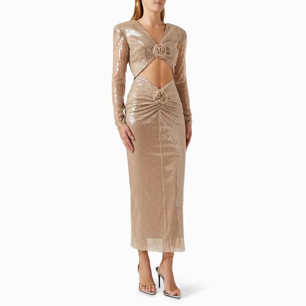 V-neck Long sleeved 3D Flower Sequin Hollow Tight Midi Dress - REBECATHELABEL