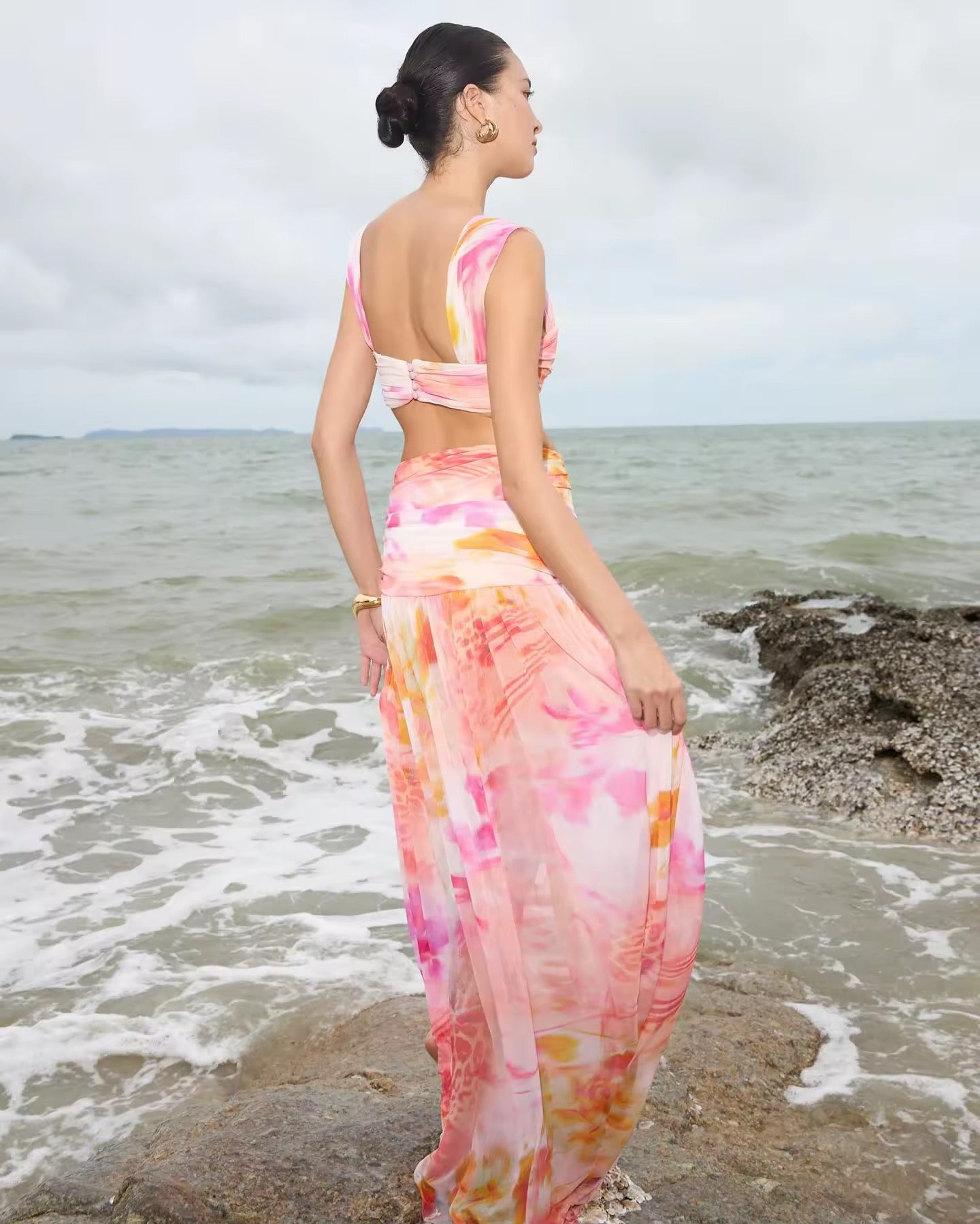 Ruched Print Cover Up Maxi Vestidos Holiday Beach set