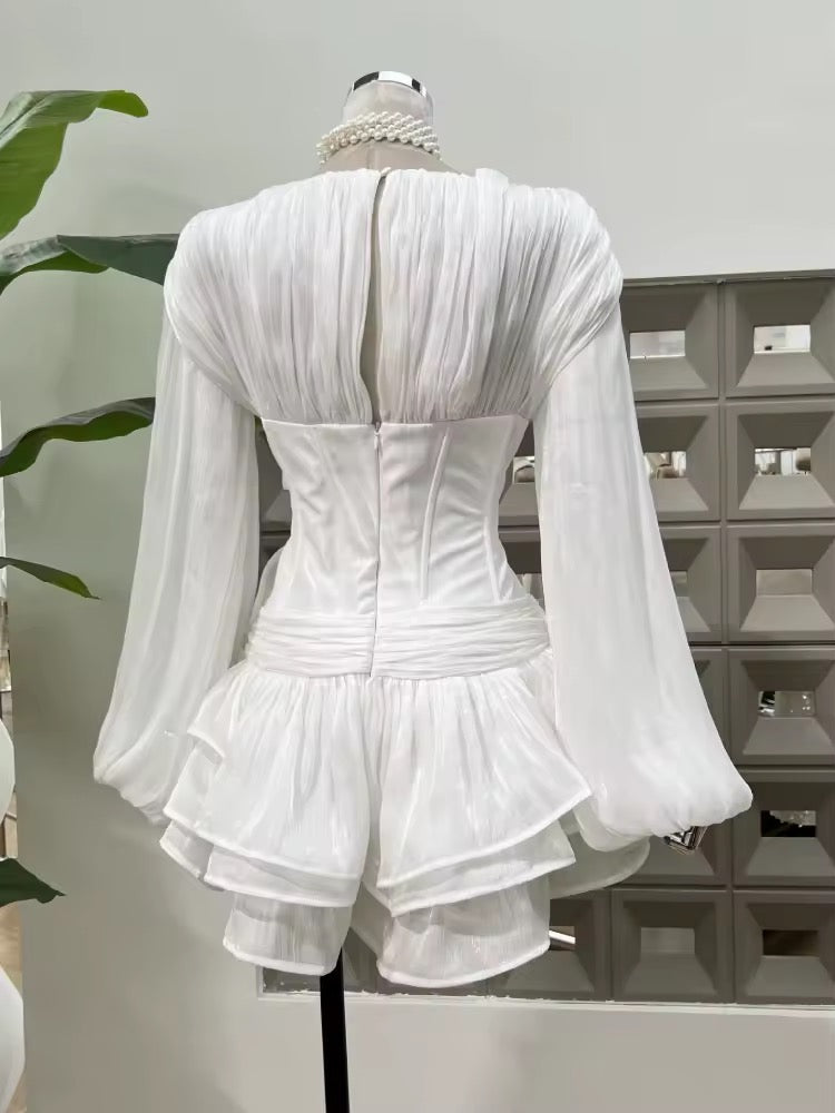 V Neck Lantern Sleeve Ruffles Mini Dress