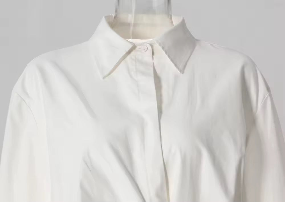 Belt Buckle Design Long Sleeve Lapel Blouse Loose Top