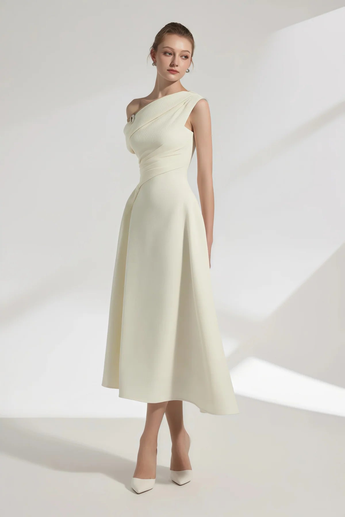 White One Shoulder Ruched Midi Dress