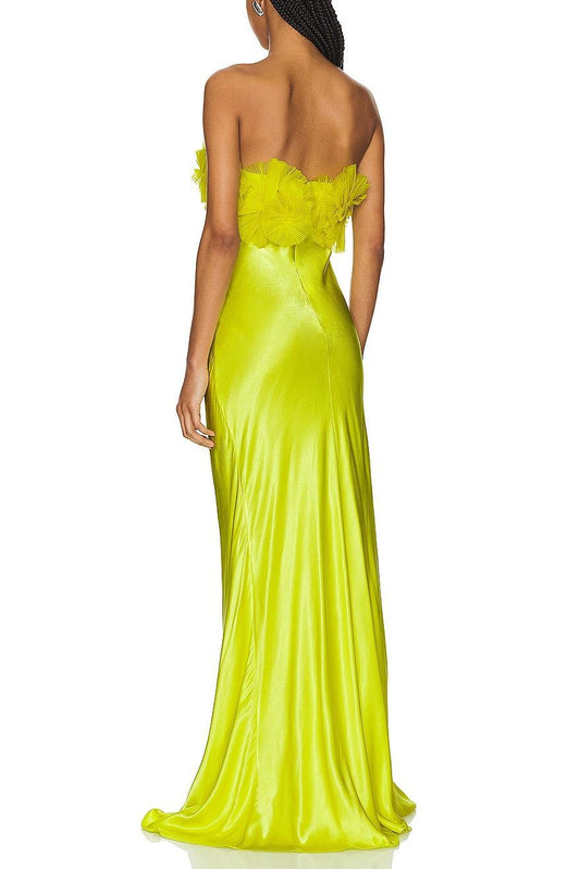 3D Flower Satin Off Shoulder Maxi Dress
