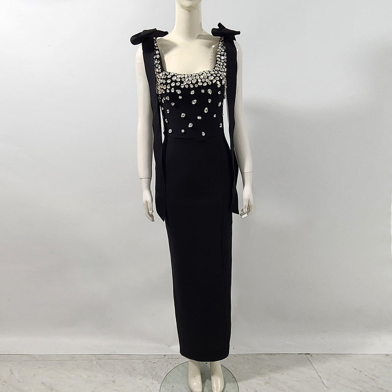 Spaghetti Straps Bow Rhinestones Mini Bandage Dress