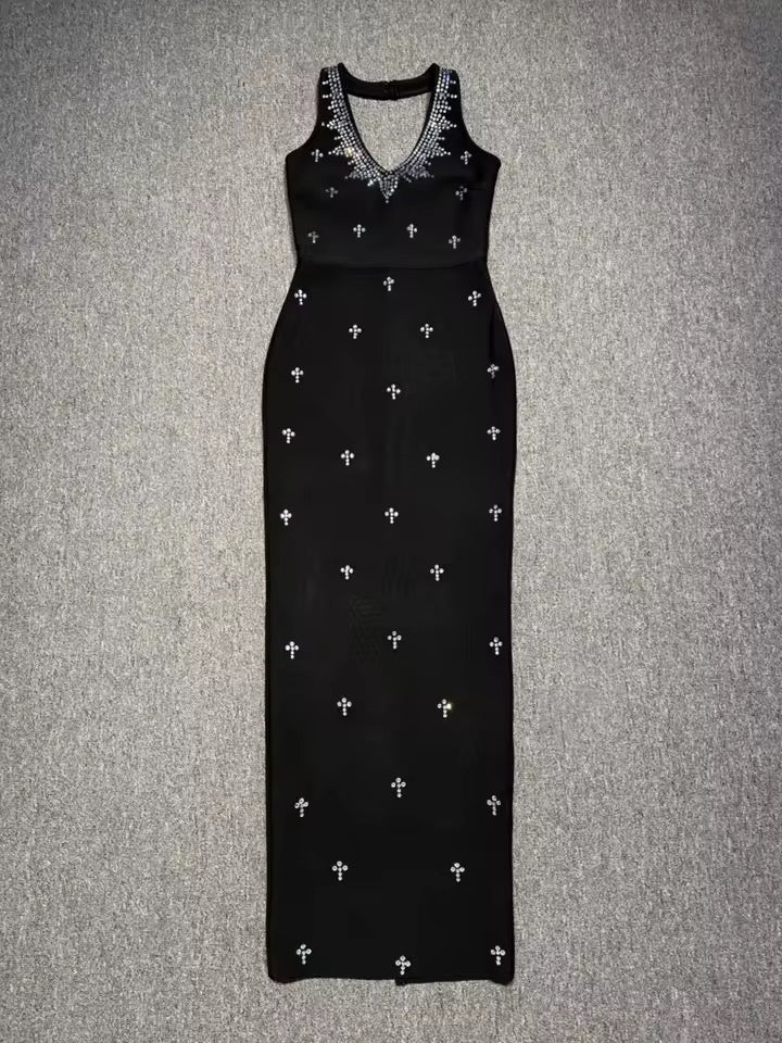 Diamonds Backless Halter Black Maxi Long Bodycon Bandage Dress