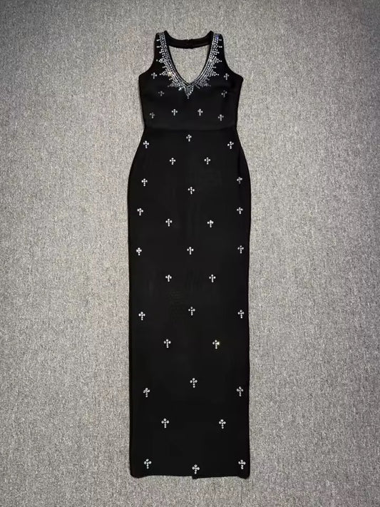 Diamonds Backless Halter Black Maxi Long Bodycon Bandage Dress