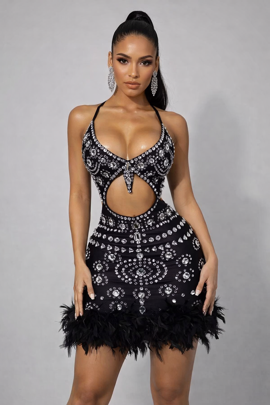 Halter Crystal Feathers Bodycon Mini Dress