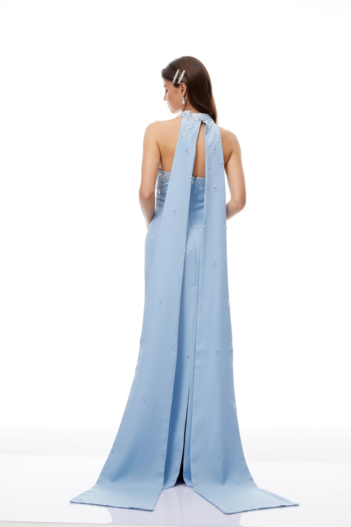 Blue Scarf Detail Embellished Maxi Gown