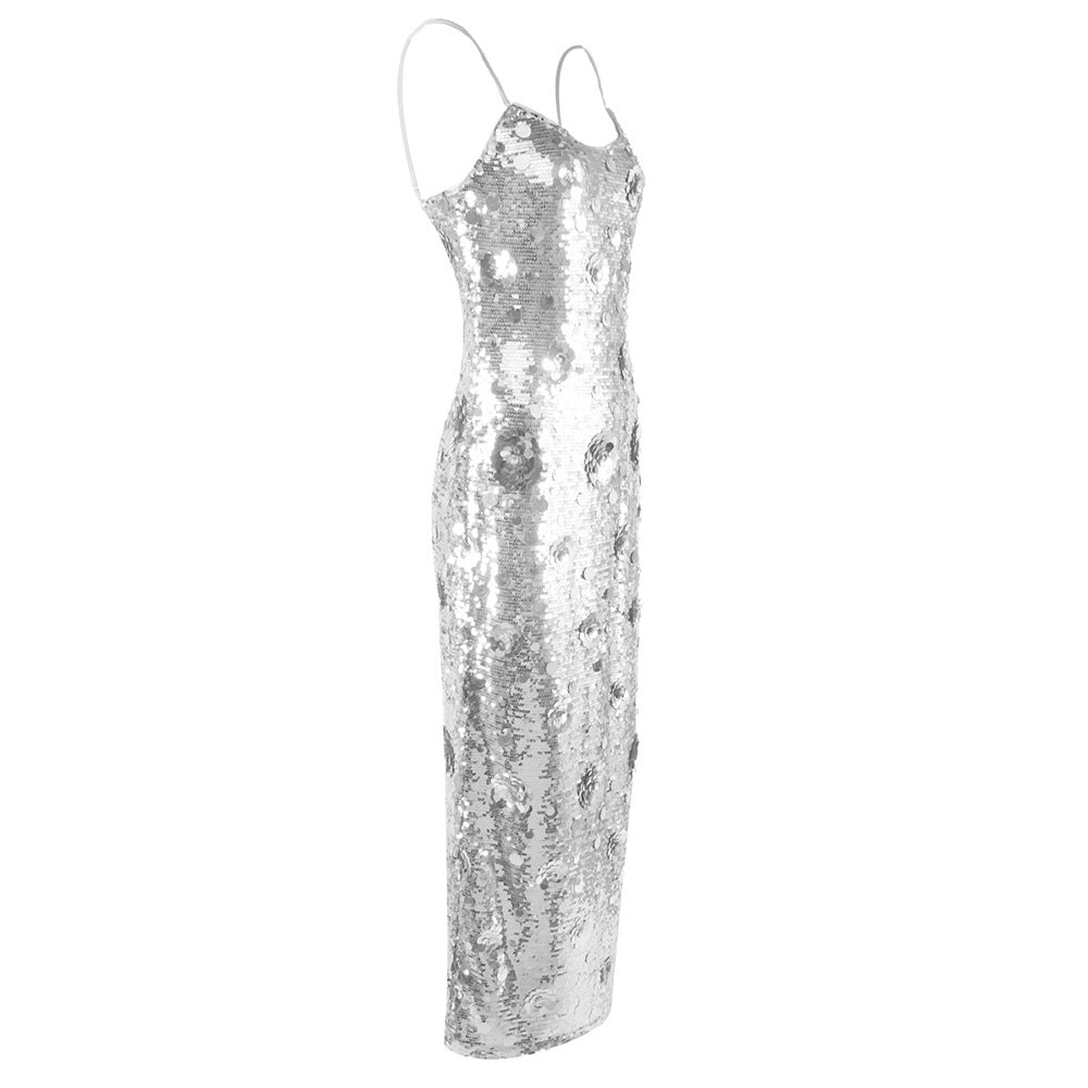Silver Sequin Spaghetti Straps Evening Long Dress