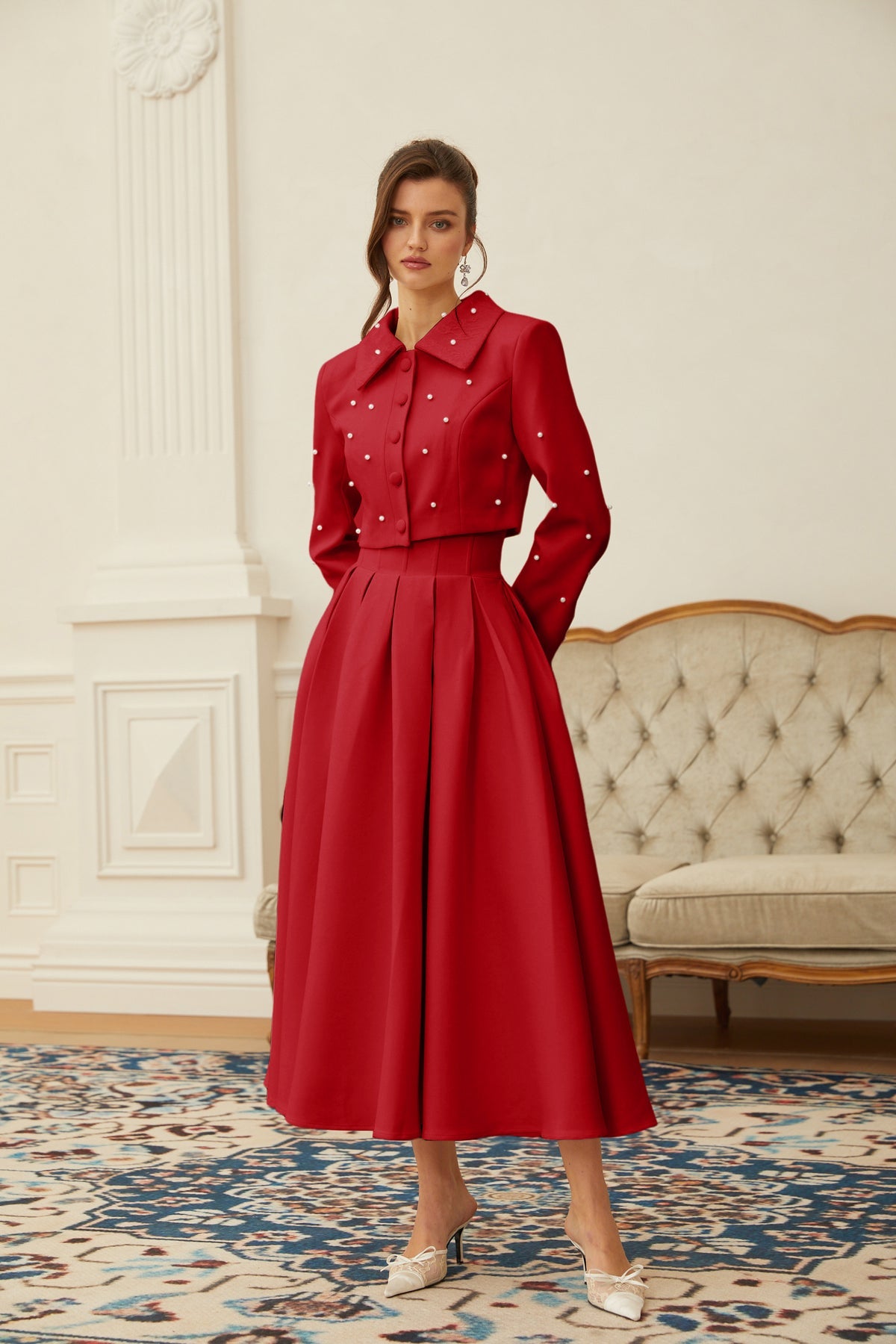 Red Faux Pearl Jacket & Pleated Skirt Set