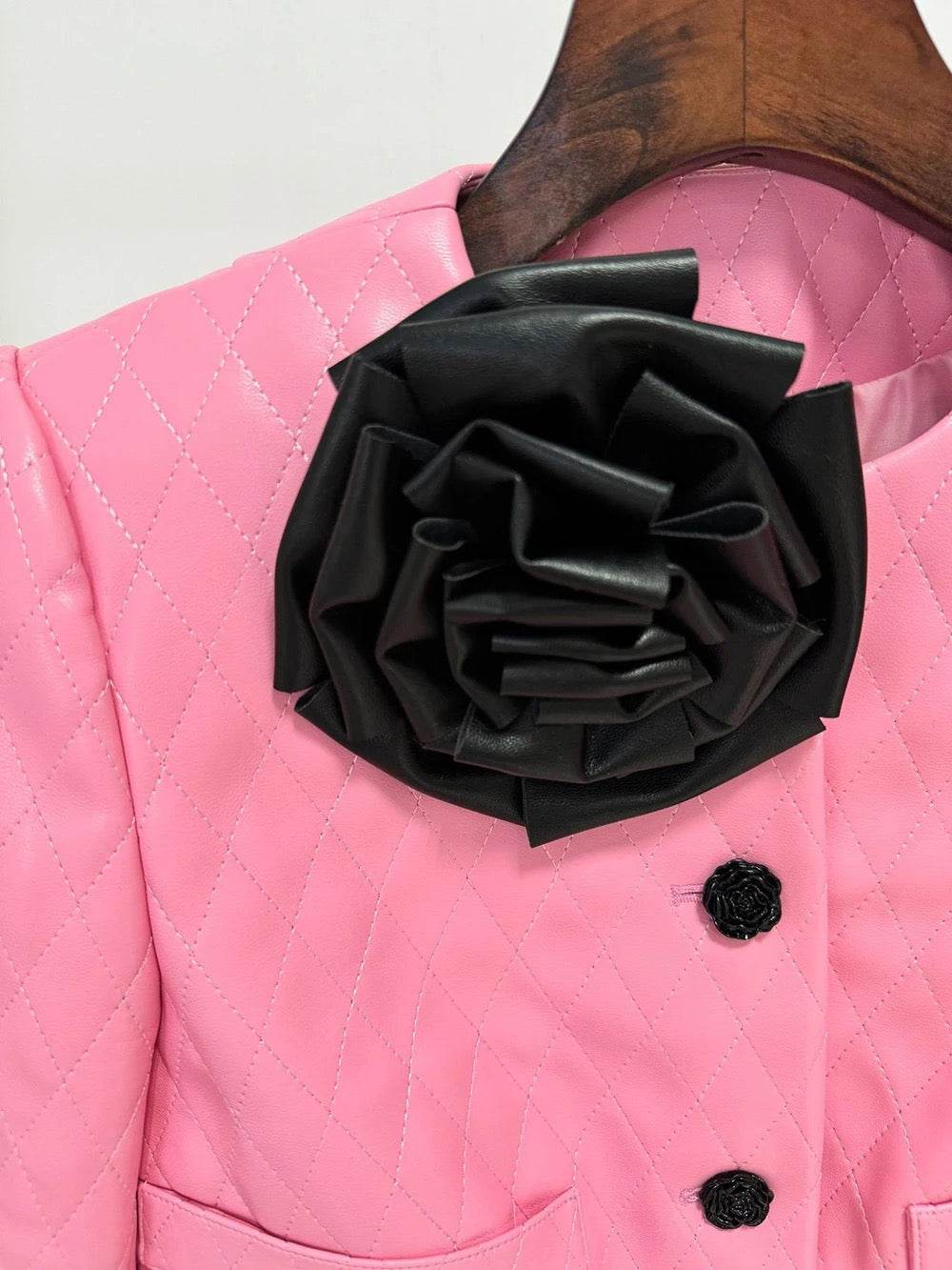 Pink Diamond Quilted Short Leather Jacket Leather Mini Skirt set - REBECATHELABEL