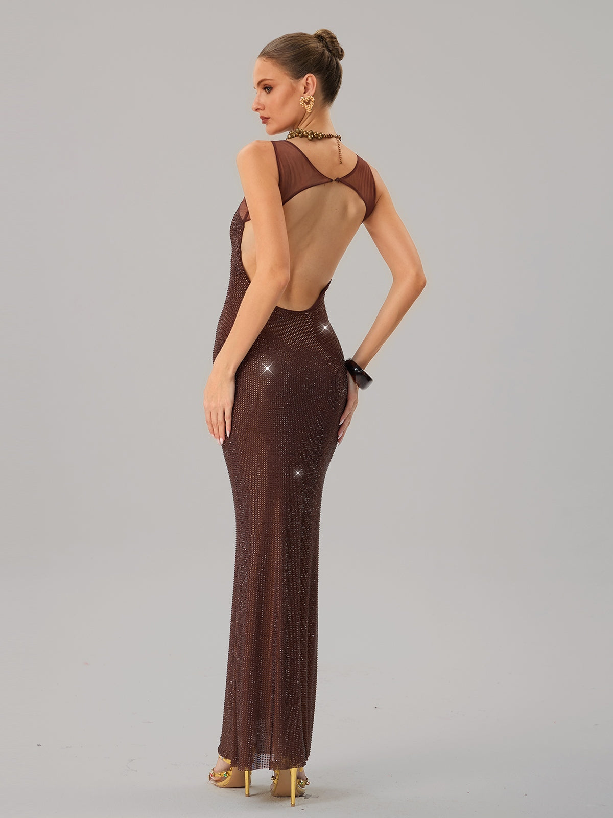 Backless Rhinestone Maxi Dress In Brown