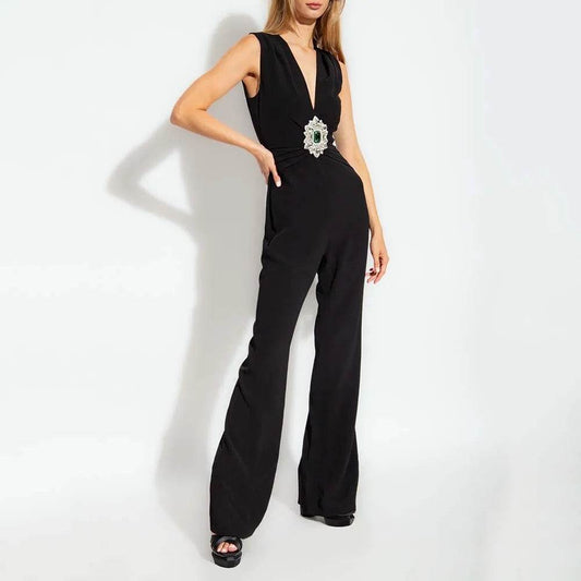 Sexy V-neck Sleeveless Diamond Tight Long jumpsuit - REBECATHELABEL