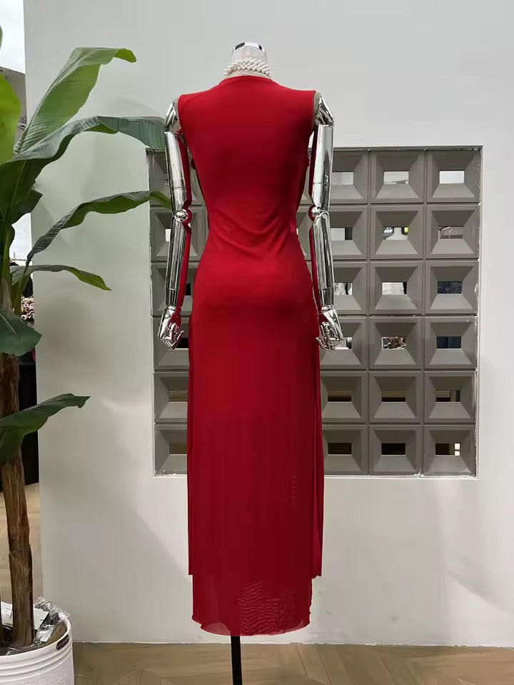 Mesh Folds Cross Weaving Design Bodycon Long Dress