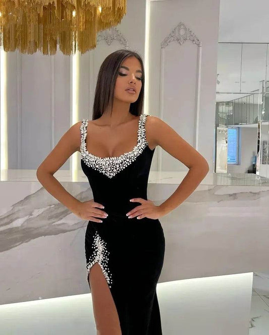 Black Crystal Spaghetti Straps Mermaid Prom Dress - REBECATHELABEL