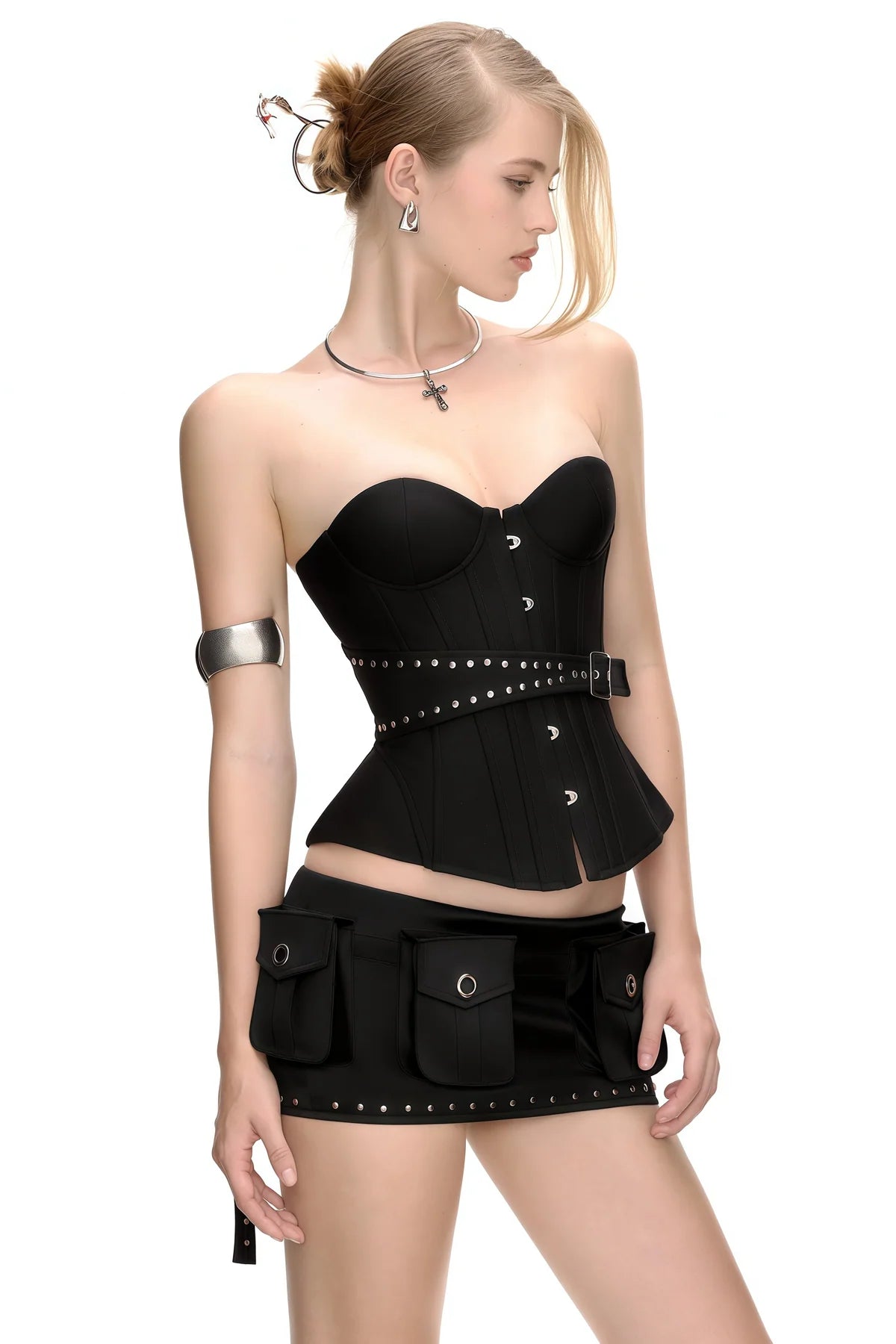 Black Studded Belted Corset Top