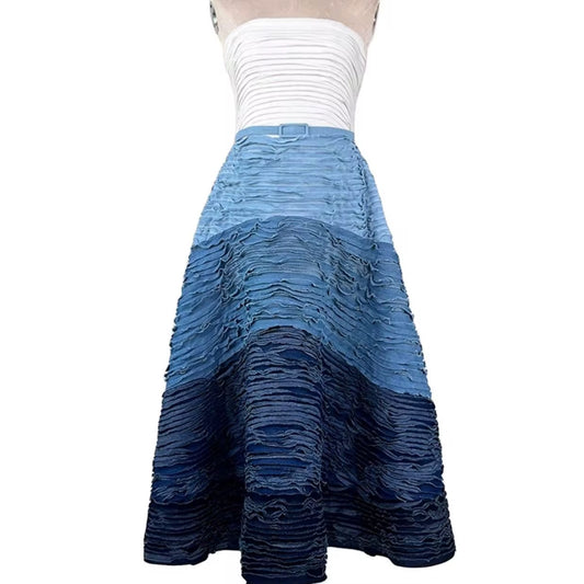 OMBRE MIDI DRESS WITH TEXTURED LAYERED FABRIC - WHITE/BLUE