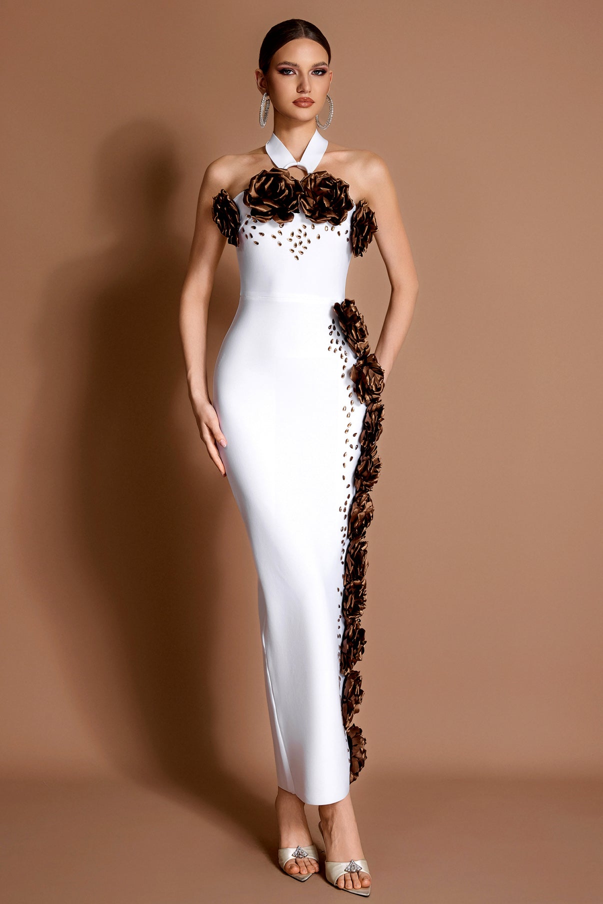 Bandage 3D Flower Rhinestone Maxi Dress