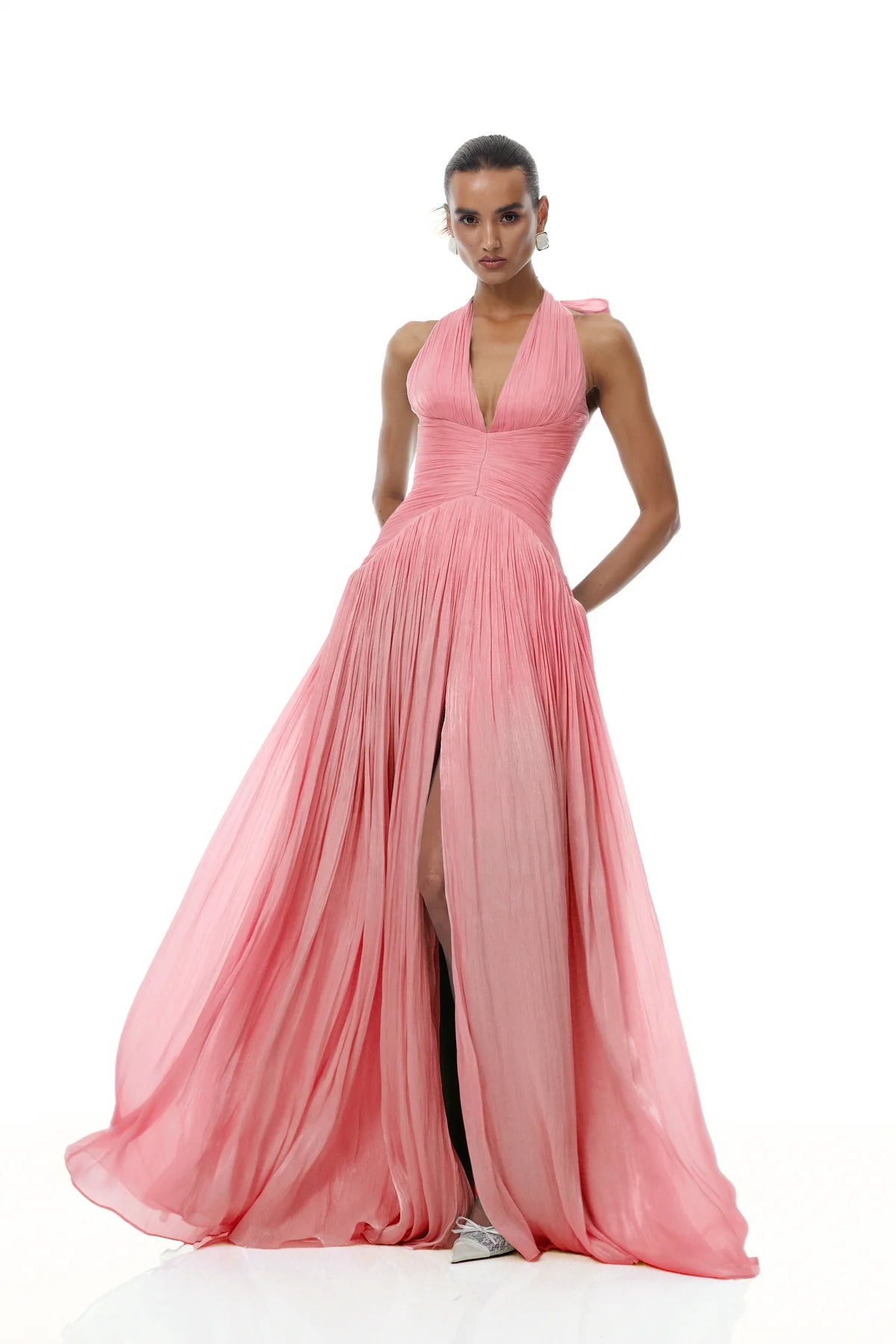 Pink Glossy Gathered Maxi Dress