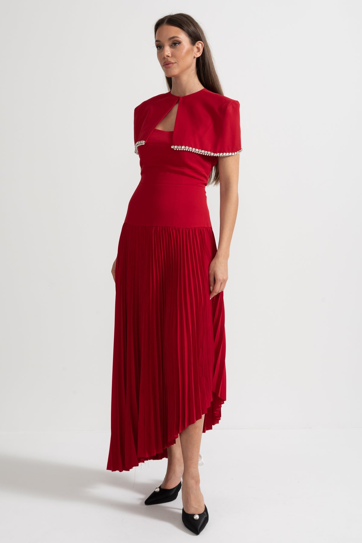 PLEATED MIDI DRESS WITH DETACHABLE EMBELLISHED SHOULDER CAPE - RED