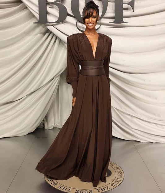 V-neck, High Waist Belt, Long Sleeves Dress - REBECATHELABEL