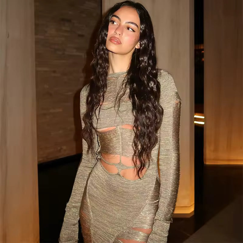 Hollow Out Backless Dress Full Sleeve Slim Floor-length Dress